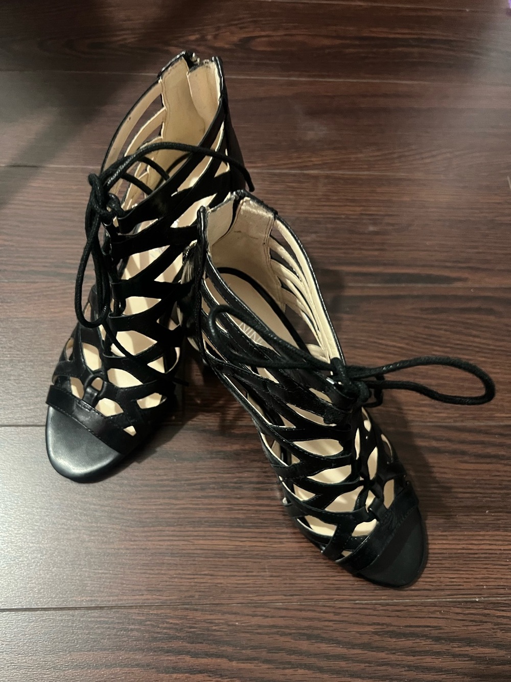 Black Lace-Up Strappy High Heel Sandals - Women's